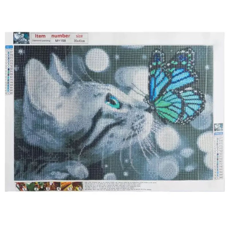 Kat med sommerfugl 5D Diamond paint – 40 x 30 cm - Billede 4
